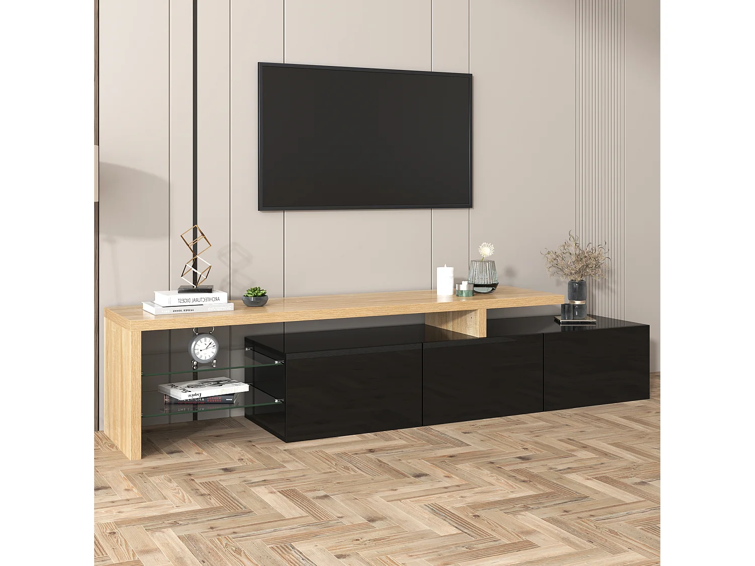 URBAN MEUBLE Design de meuble TV moderne noir brillant aspect bois éclairage LED avec 3 portes battantes et étagères en verre rangement