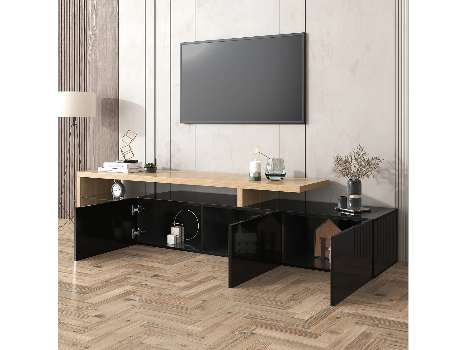 URBAN MEUBLE Design de meuble TV moderne noir brillant aspect bois éclairage LED avec 3 portes battantes et étagères en verre rangement