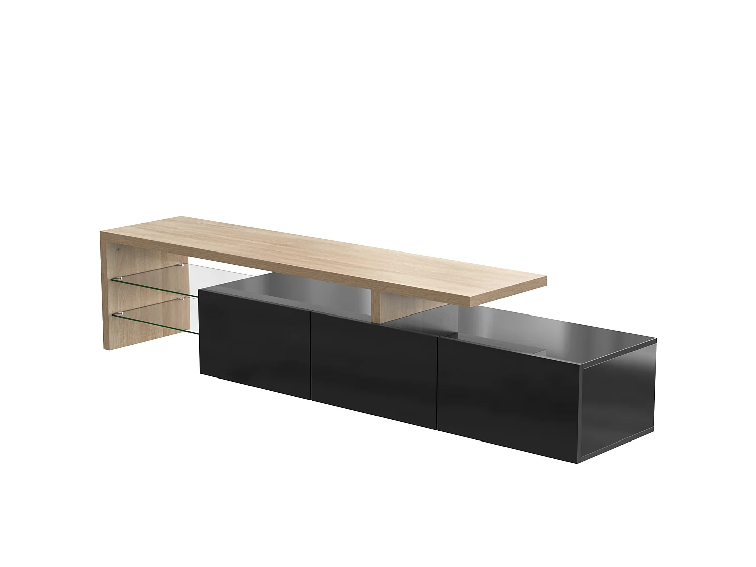URBAN MEUBLE Design de meuble TV moderne noir brillant aspect bois éclairage LED avec 3 portes battantes et étagères en verre rangement