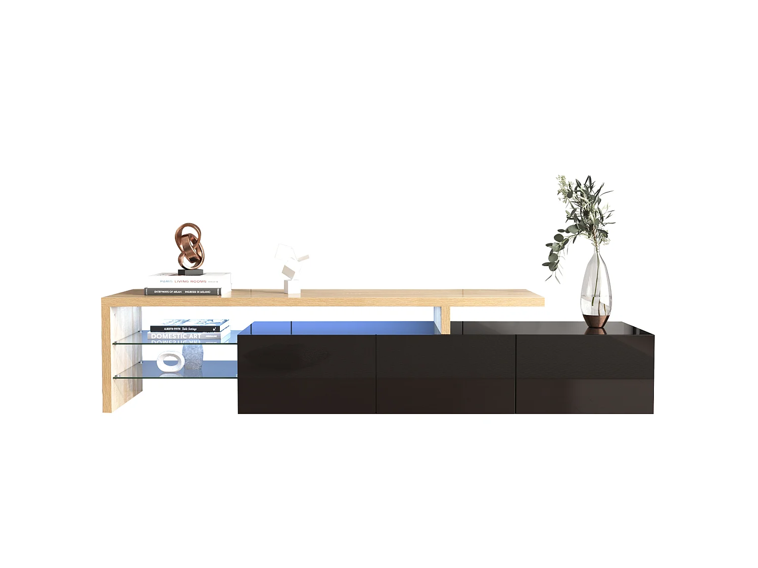 URBAN MEUBLE Design de meuble TV moderne noir brillant aspect bois éclairage LED avec 3 portes battantes et étagères en verre rangement