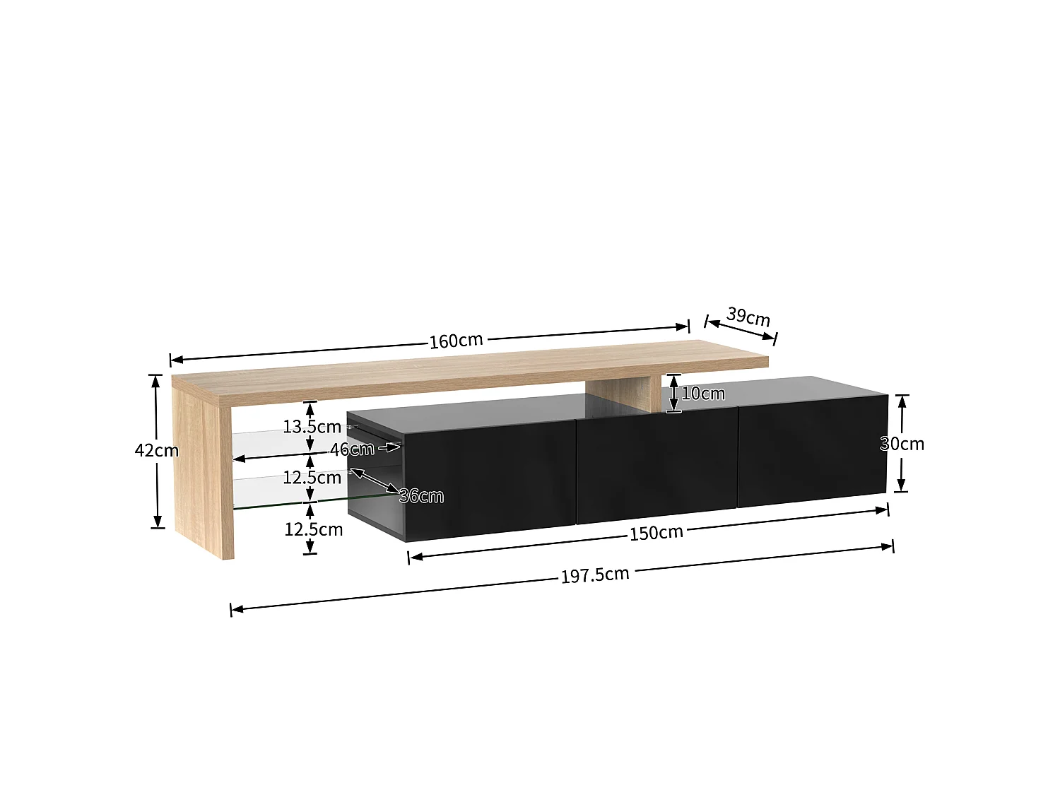 URBAN MEUBLE Design de meuble TV moderne noir brillant aspect bois éclairage LED avec 3 portes battantes et étagères en verre rangement