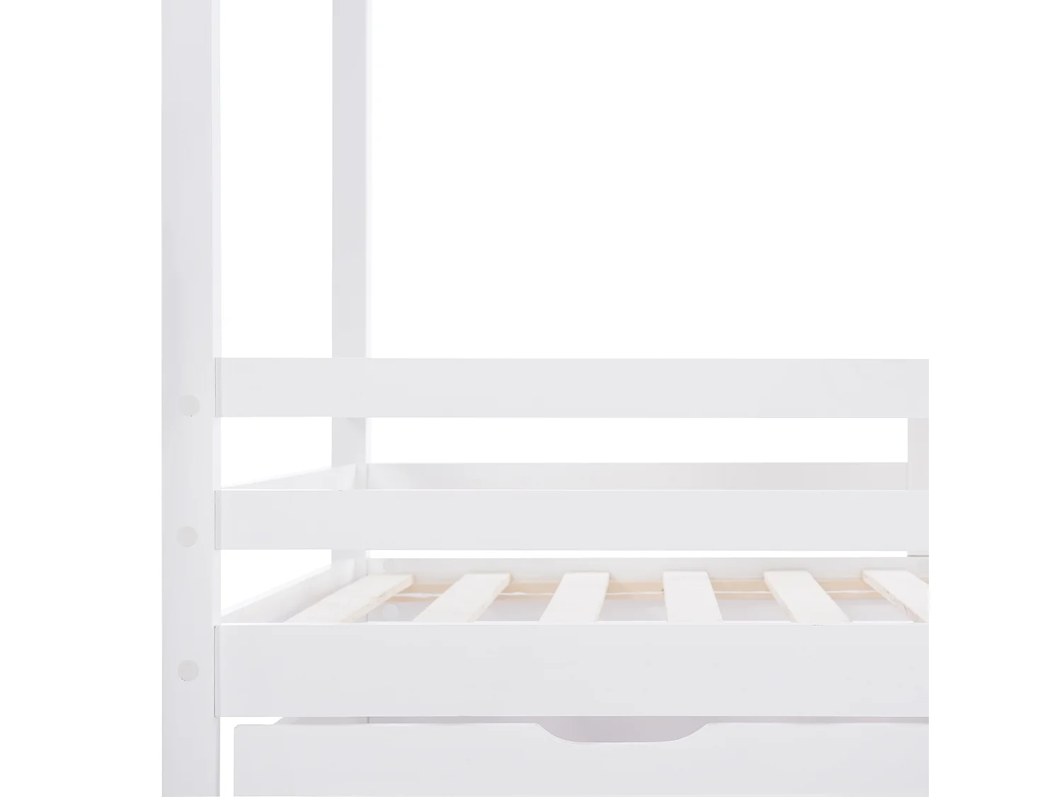 Lit enfant lit cabane blanc 90 x 200 cm maison bois massif avec clôture et sommier à lattes 2 tiroirs roulettes rangement, tableau noir (sans matelas) CHOLLUD