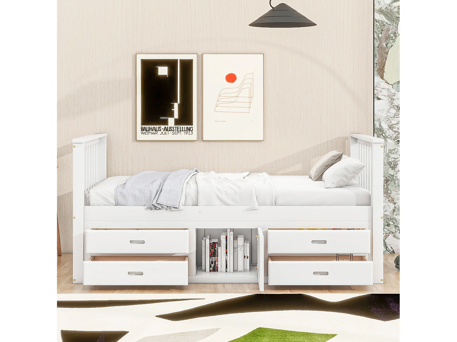 Cama infantil con plataforma de madera blanca, 4 cajones y armario de almacenamiento 90x200cm LENDIEH