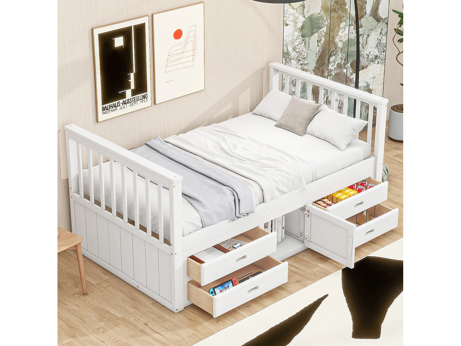 Cama infantil con plataforma de madera blanca, 4 cajones y armario de almacenamiento 90x200cm LENDIEH
