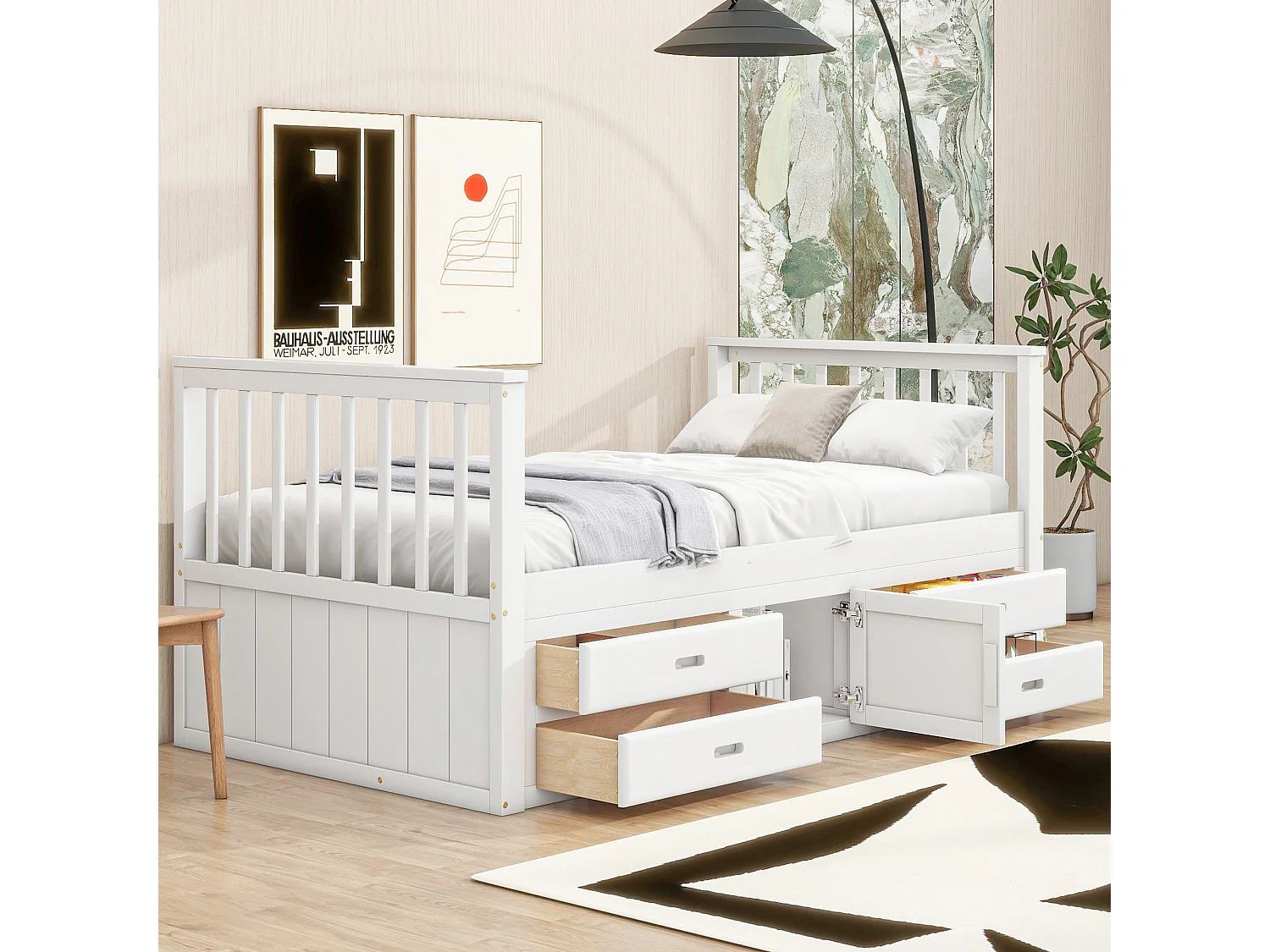 Cama infantil con plataforma de madera blanca, 4 cajones y armario de almacenamiento 90x200cm LENDIEH