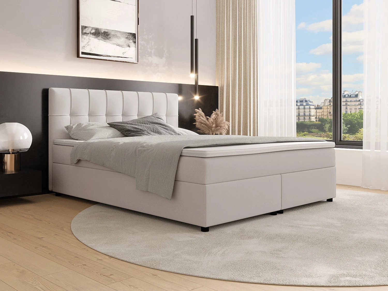 Boxspringbett mit gestepptem Kopfteil + Lattenroste + Matratzen + Topper - 180 x 200 cm - Stoff - Hellgrau - SIERO II von YSMÉE