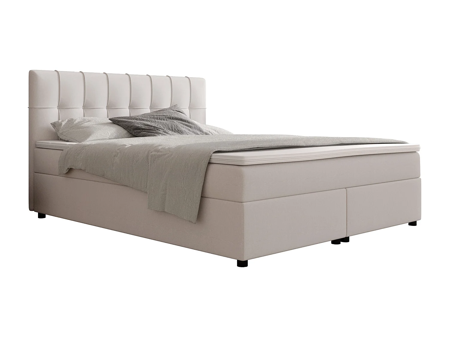 Boxspringbett mit gestepptem Kopfteil + Lattenroste + Matratzen + Topper - 180 x 200 cm - Stoff - Hellgrau - SIERO II von YSMÉE