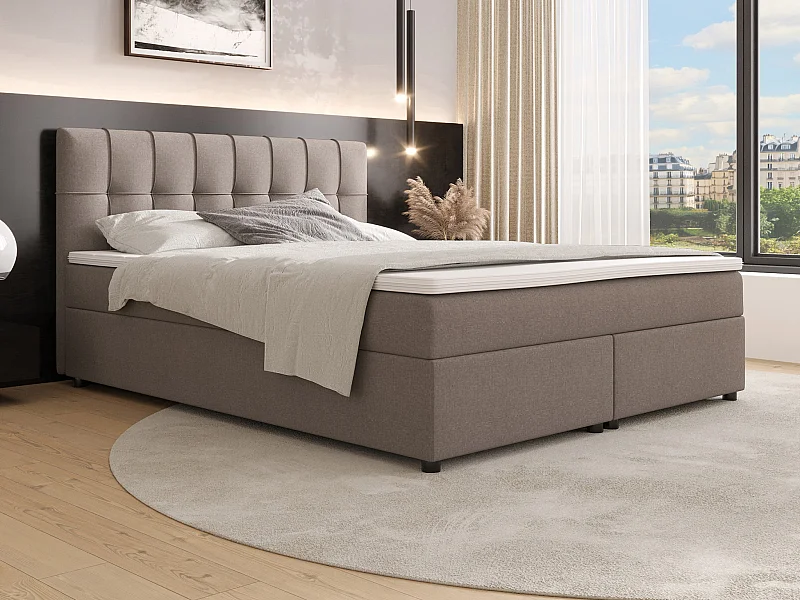 Ensemble complet boxspring tête de lit capitonnée + sommiers + matelas + surmatelas - 180 x 200 cm - Tissu - Gris - SIERO II de YSMÉE