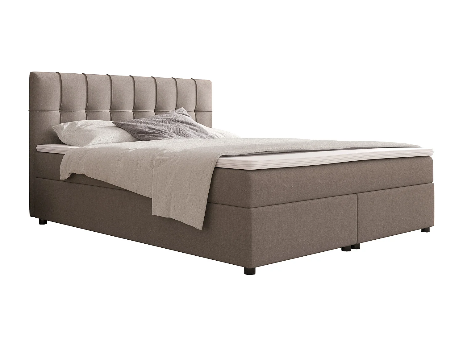 Komplet boxspring seng med polstret sengegærde + continental boxmadras + boxmadras + topmadras - 160 x 200 cm - Stof - Grå - SIERO II fra YSMÉE