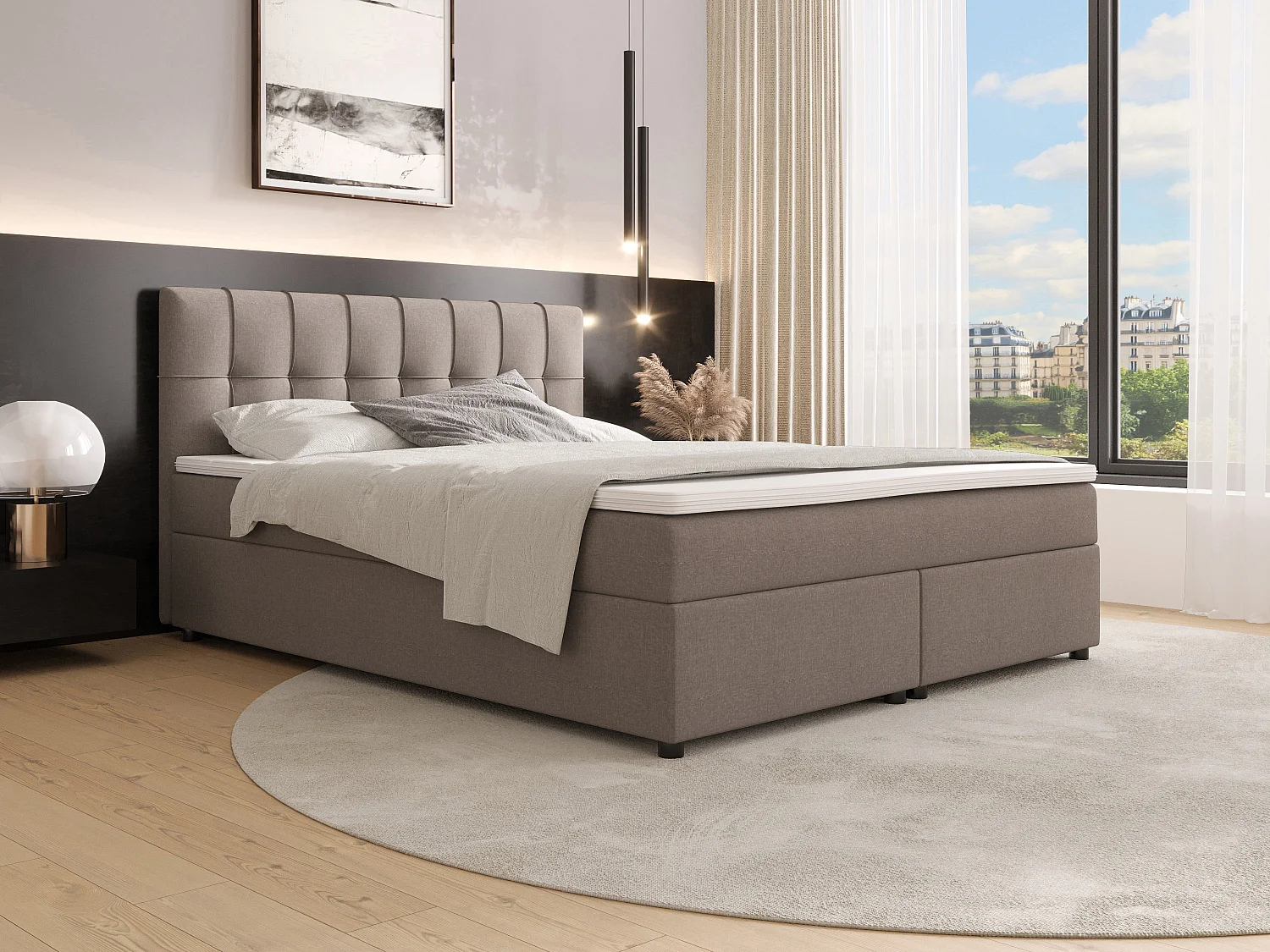 Ensemble complet boxspring tête de lit capitonnée + sommiers + matelas + surmatelas - 160 x 200 cm - Tissu - Gris - SIERO II de YSMÉE