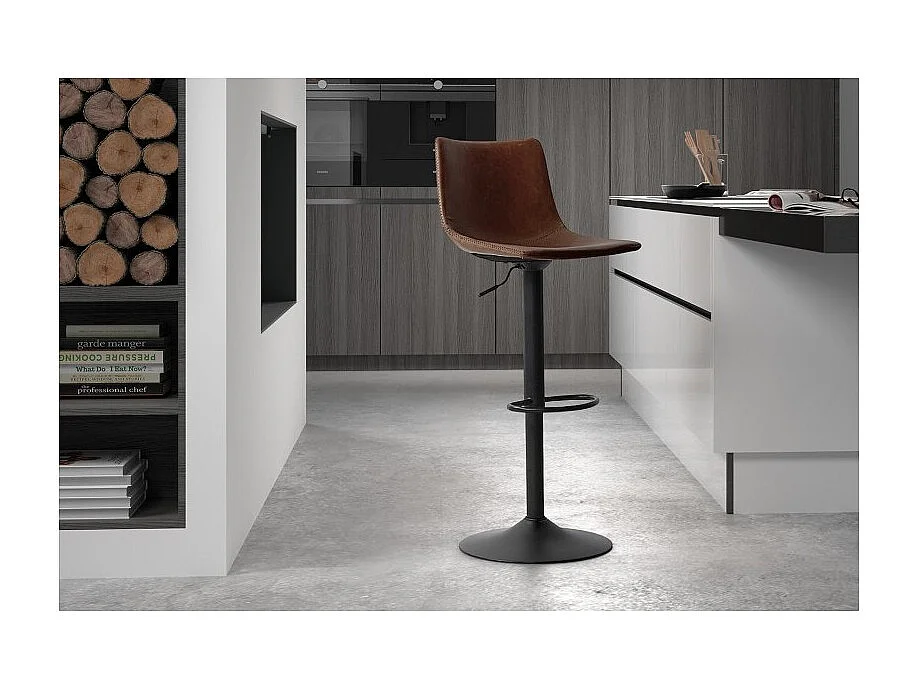 Tabouret de bar SOUL – PU brun – Hauteur réglable 88-109 cm – Pieds en métal – Style vintage