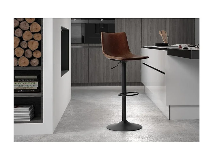 Tabouret de bar SOUL – PU brun – Hauteur réglable 88-109 cm – Pieds en métal – Style vintage