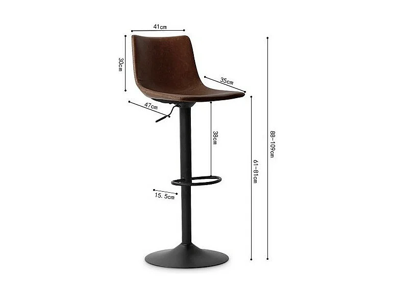 Tabouret de bar SOUL – PU brun – Hauteur réglable 88-109 cm – Pieds en métal – Style vintage