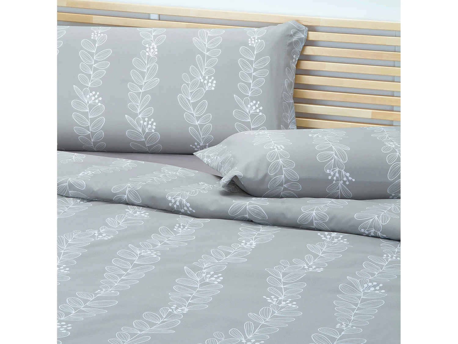 Jeu de housse de couette 50% coton imprimé feuilles  Gris