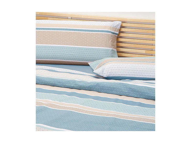 Jeu de housse de couette 50% coton imprimé rayures  Bleu