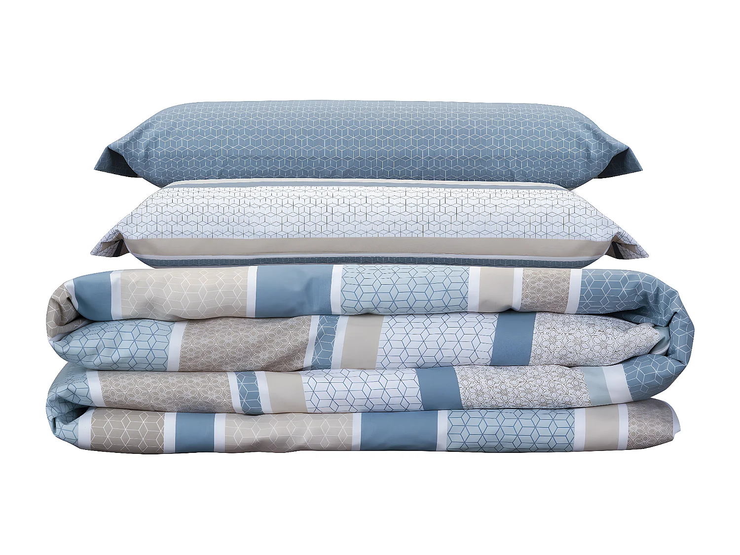 Jeu de housse de couette 50% coton imprimé rayures  Bleu