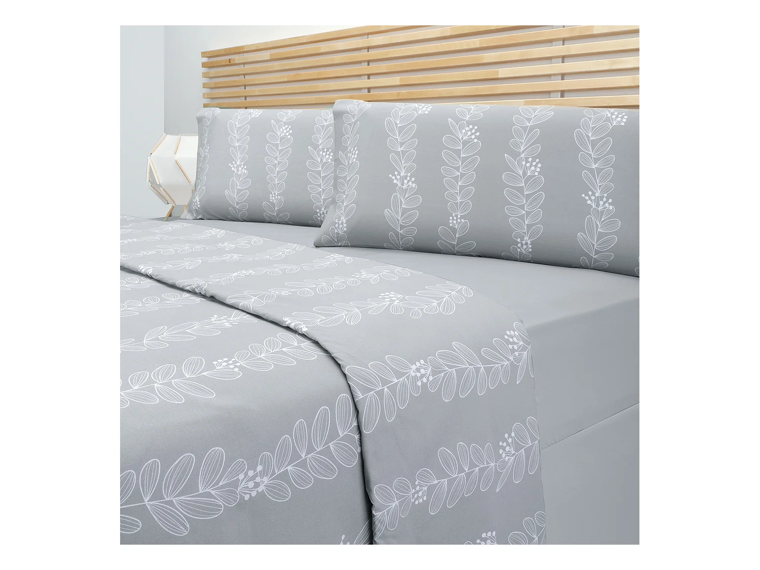 Jeu de housse de couette 50% coton imprimé feuilles  Gris