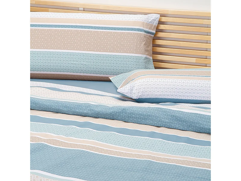 Jeu de housse de couette 50% coton imprimé rayures  Bleu