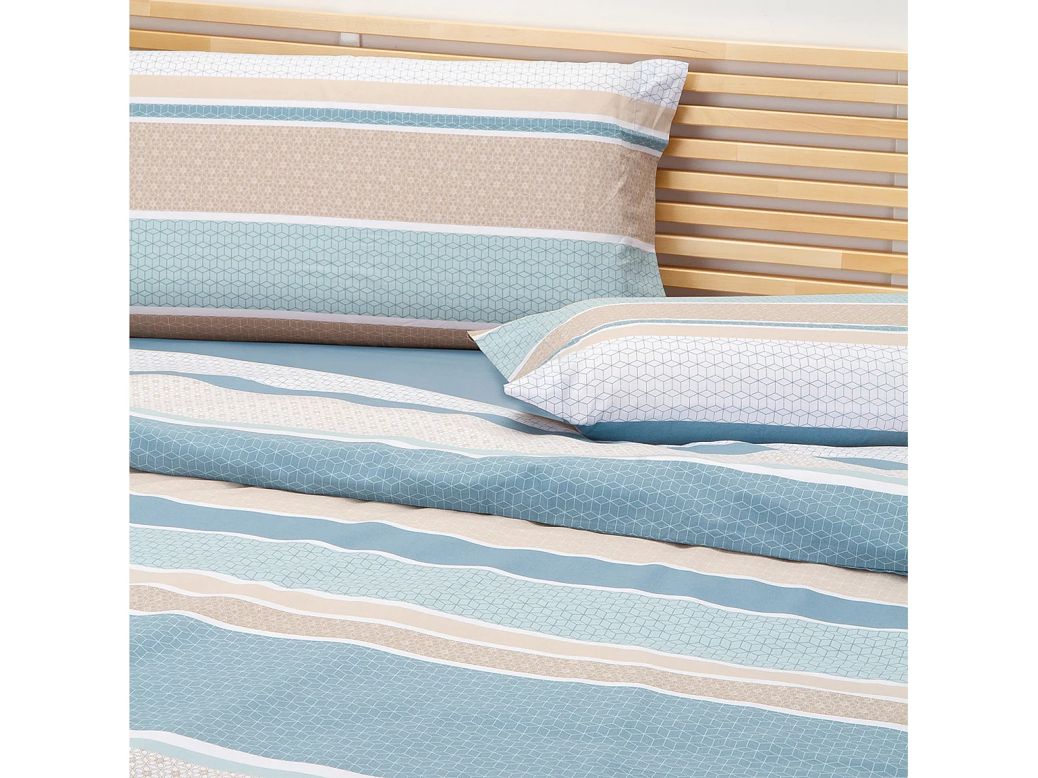 Jeu de housse de couette 50% coton imprimé rayures  Bleu