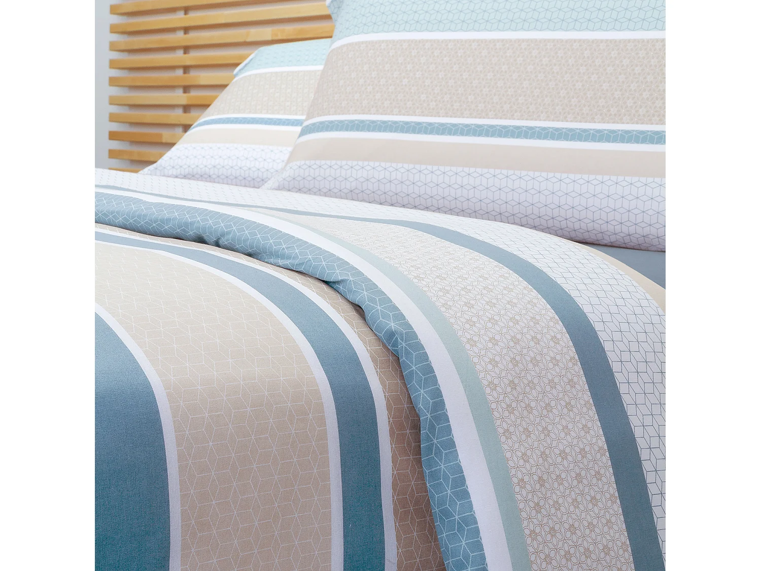 Jeu de housse de couette 50% coton imprimé rayures  Bleu