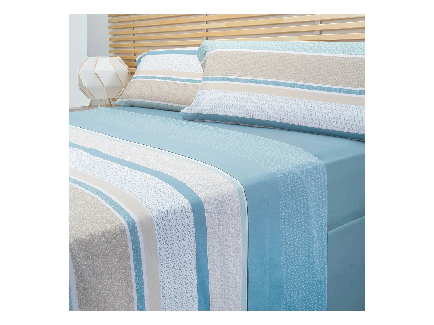 Parure de lit en coton a imprime raye  Bleu