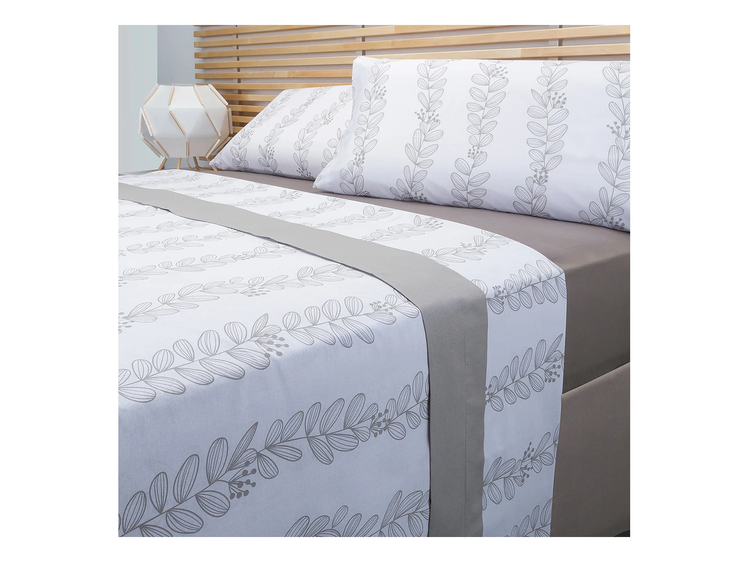Parure de lit en coton a imprime feuilles  Gris
