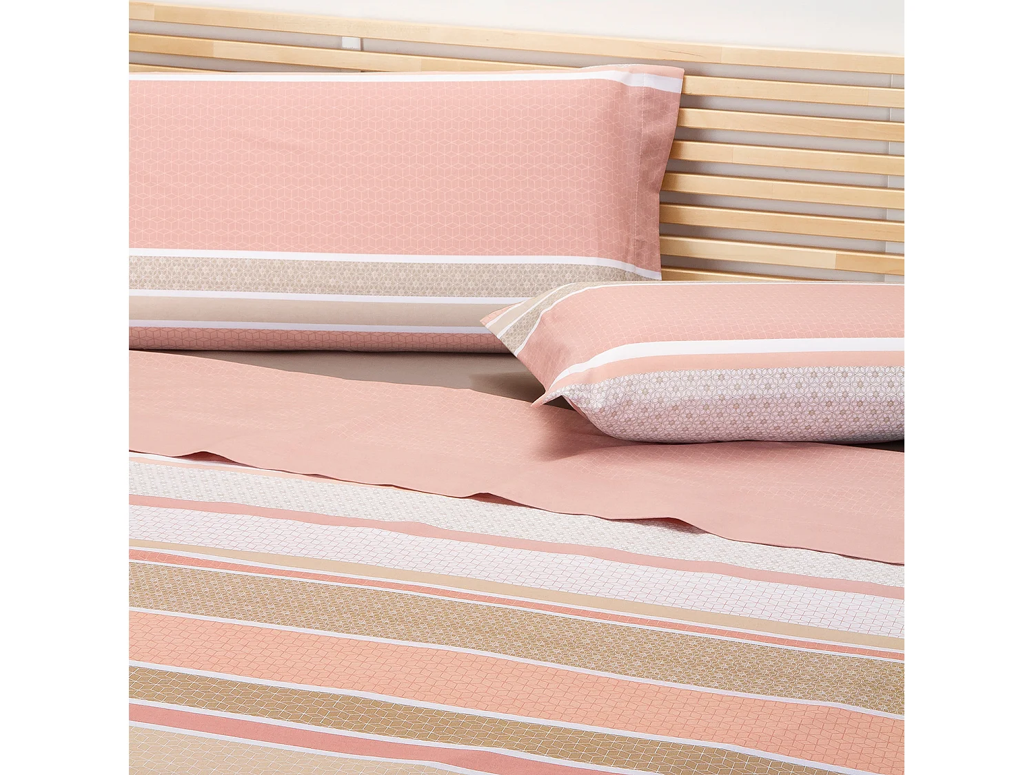 Parure de lit en coton a imprime raye  Saumon