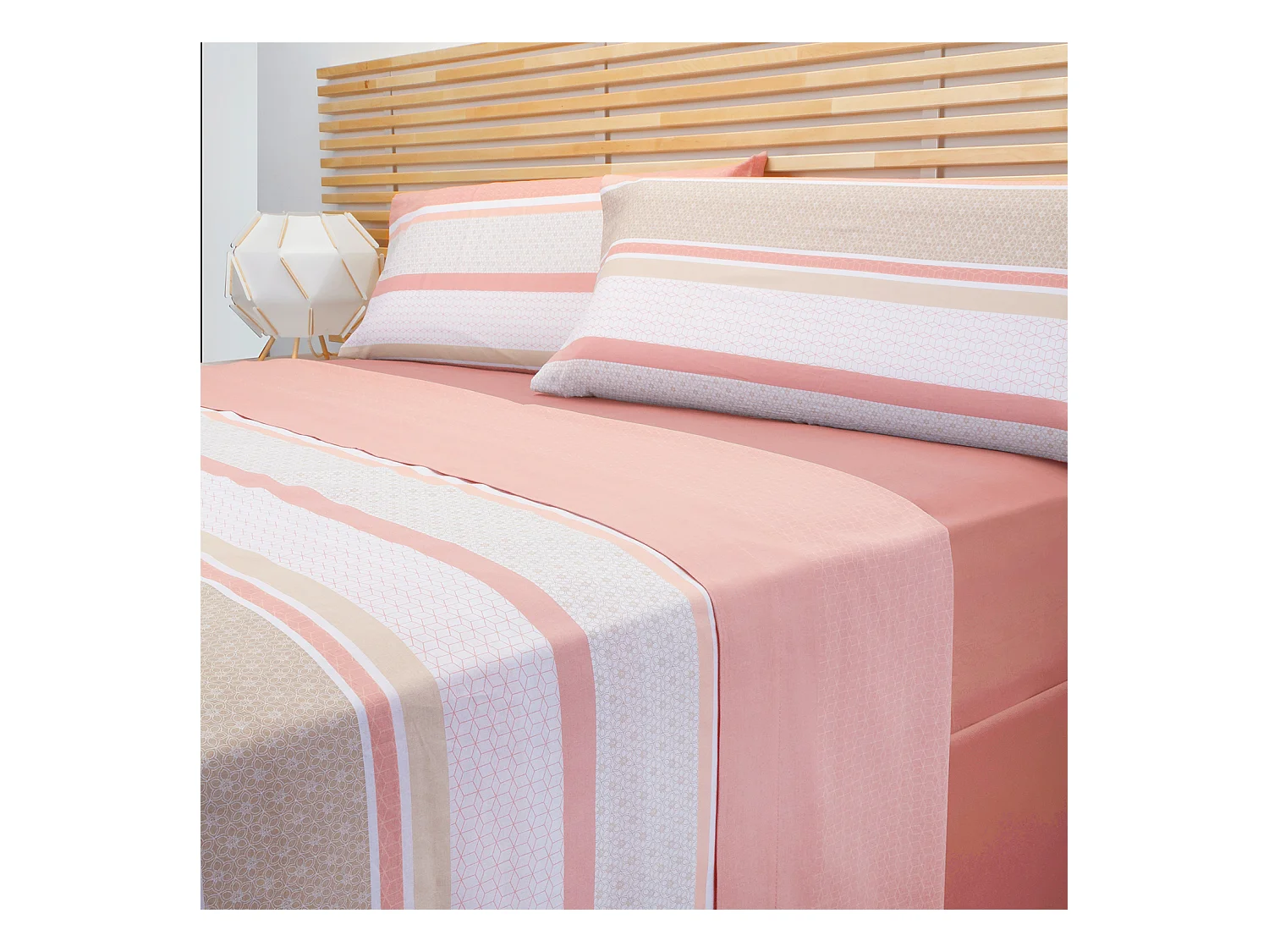 Parure de lit en coton a imprime raye  Saumon