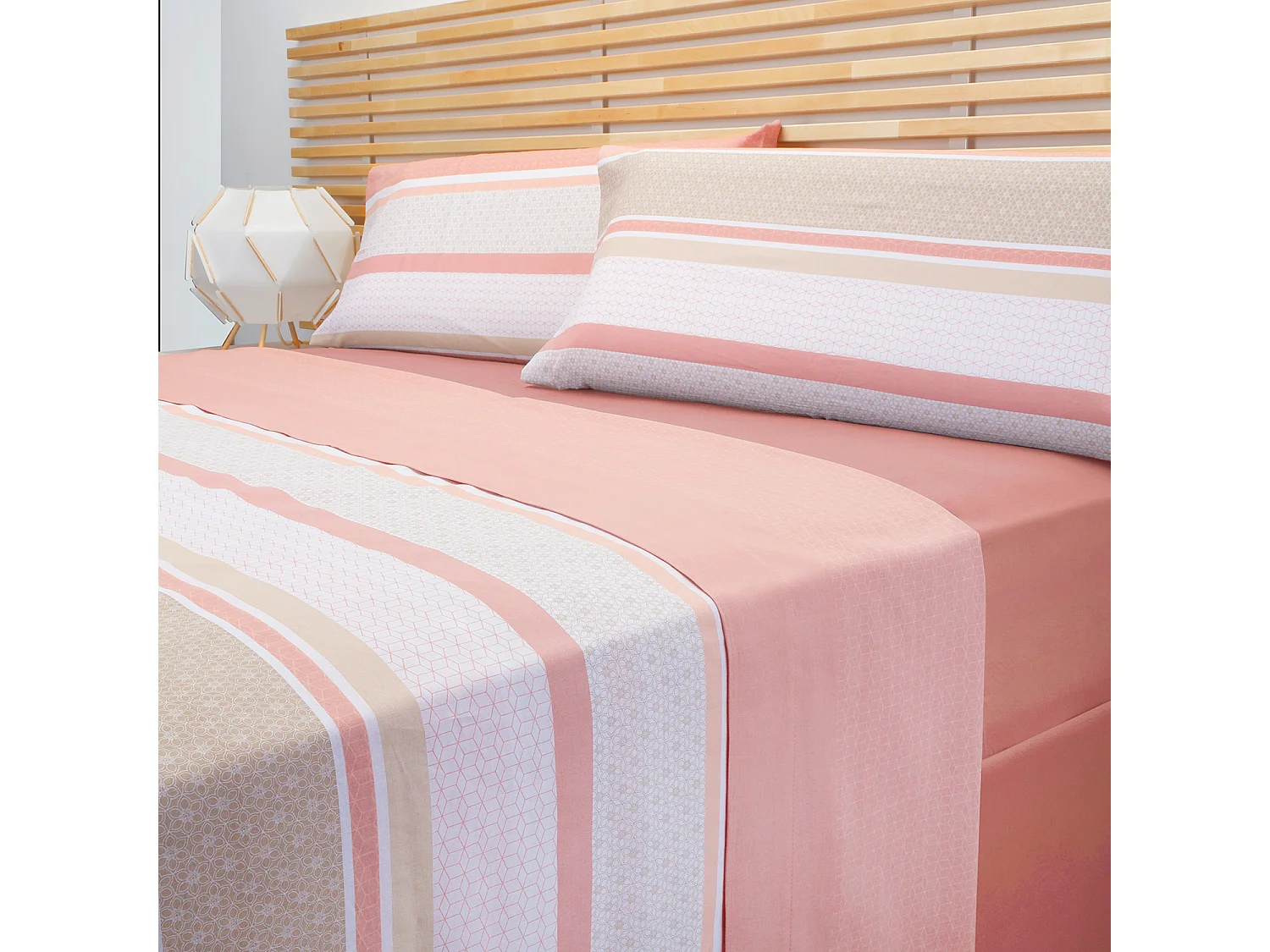 Parure de lit en coton a imprime raye  Saumon