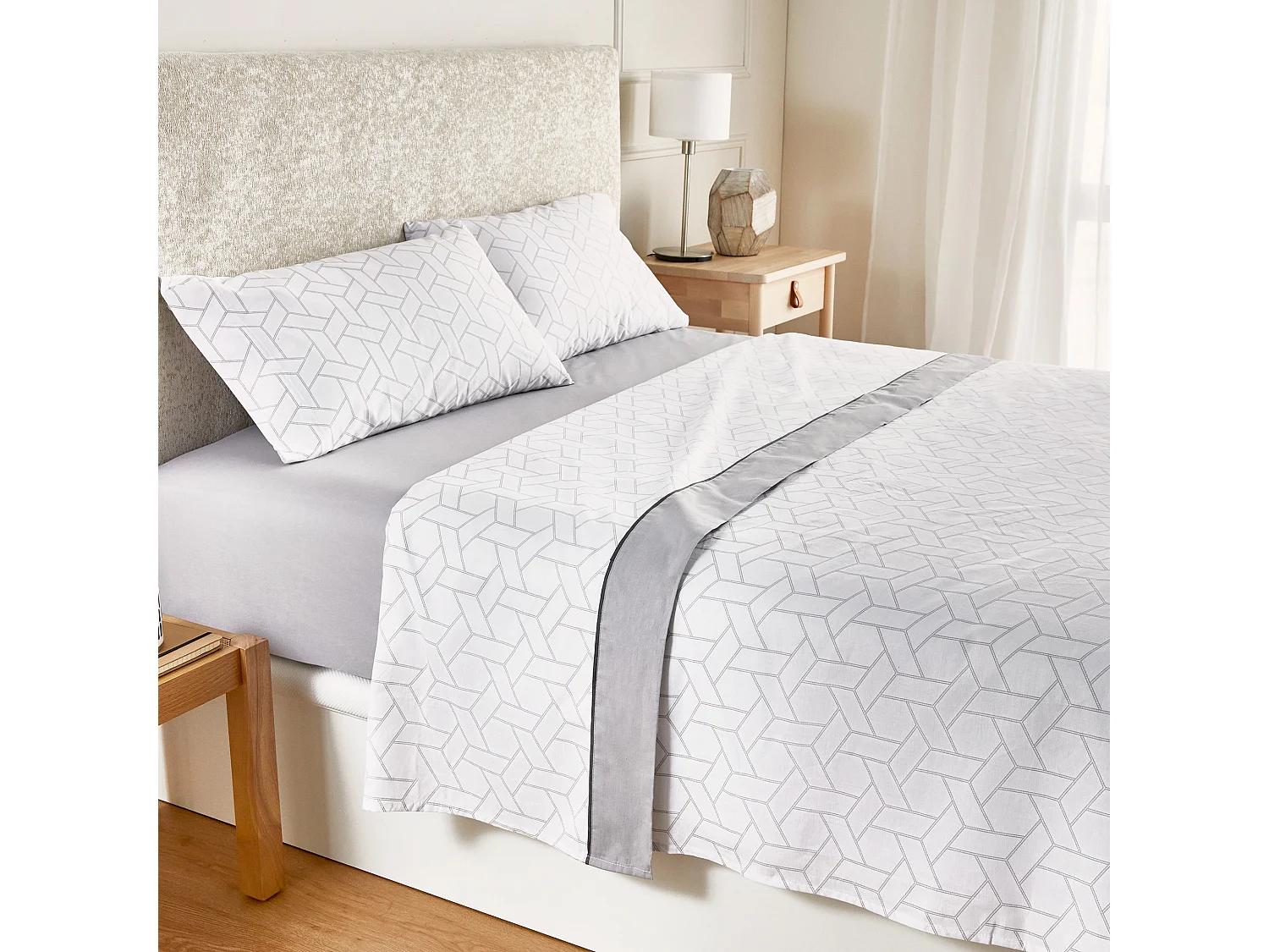 Draps de lit à imprimé géométrique 100% coton 150 fils au pouce carré Gris