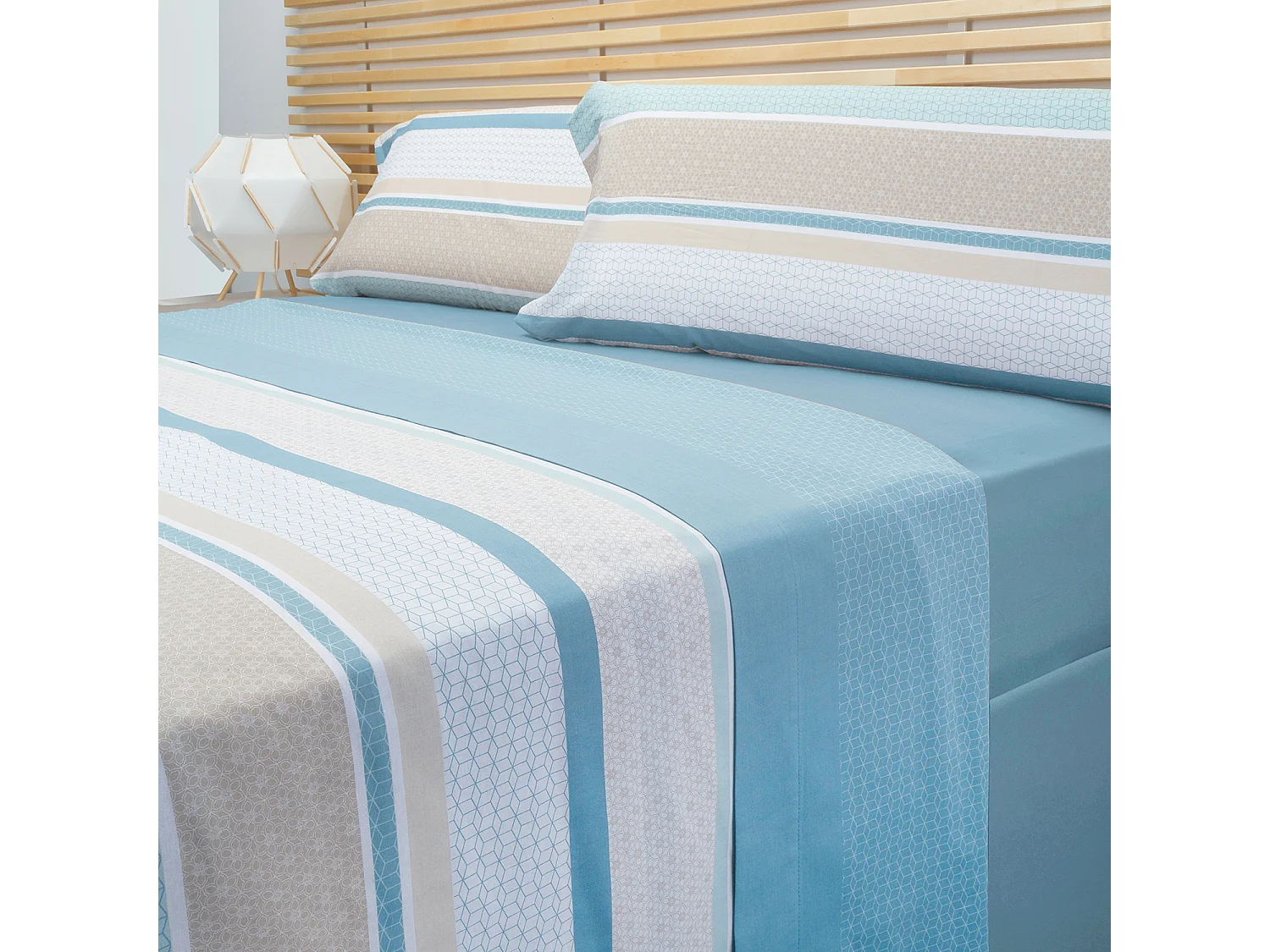 Parure de lit en coton a imprime raye  Bleu