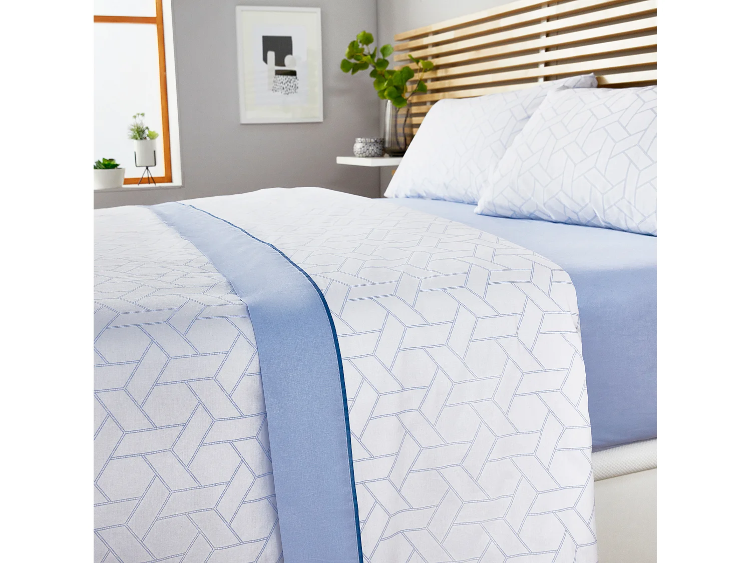 Draps de lit à imprimé géométrique 100% coton 150 fils au pouce carré Bleu