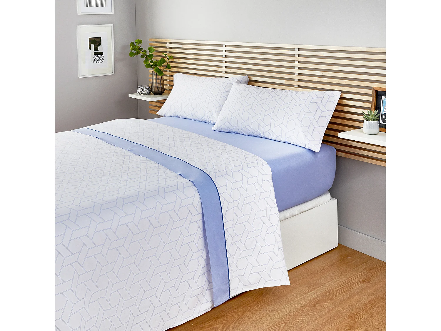 Draps de lit à imprimé géométrique 100% coton 150 fils au pouce carré Bleu