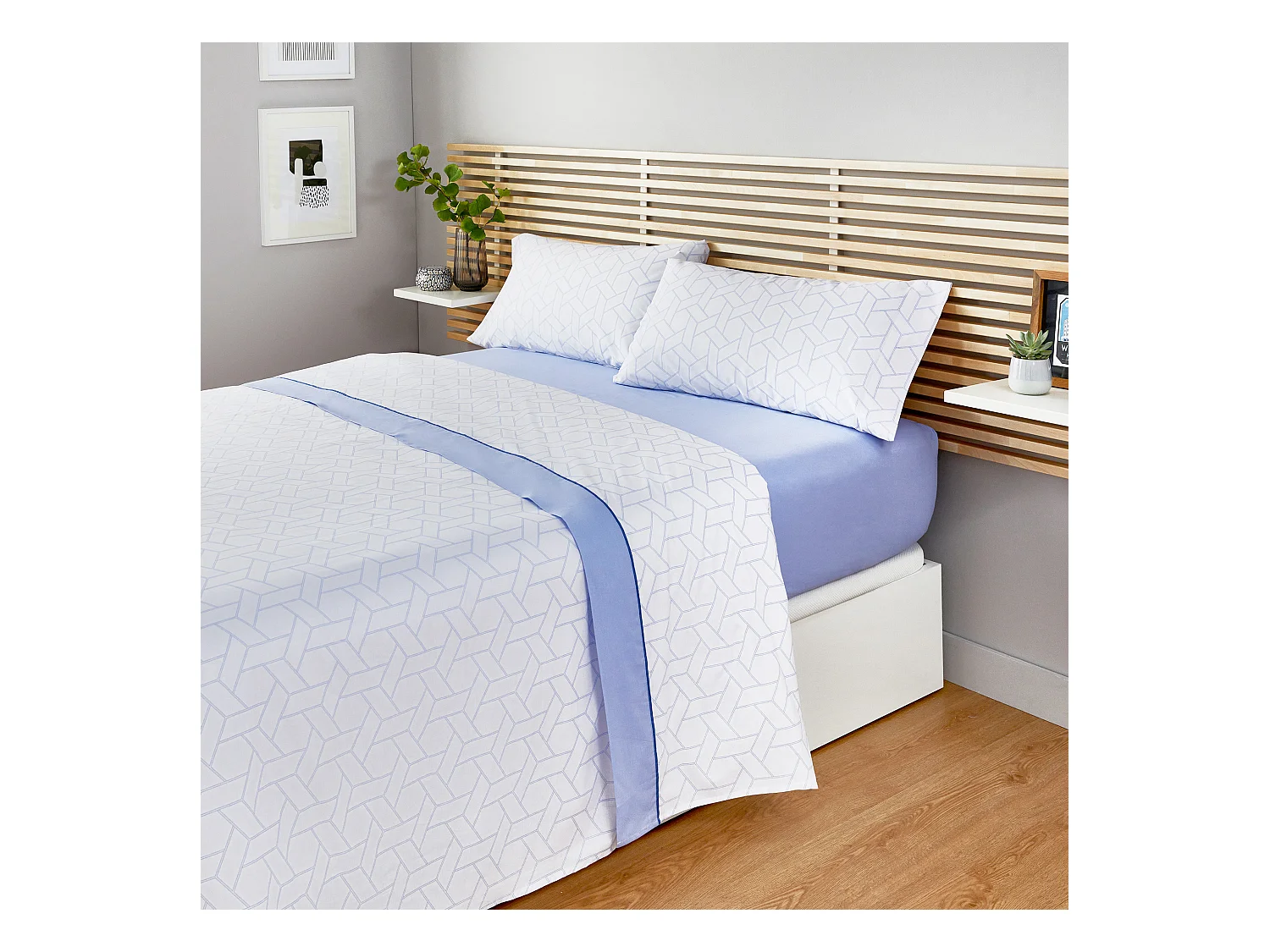 Draps de lit à imprimé géométrique 100% coton 150 fils au pouce carré Bleu