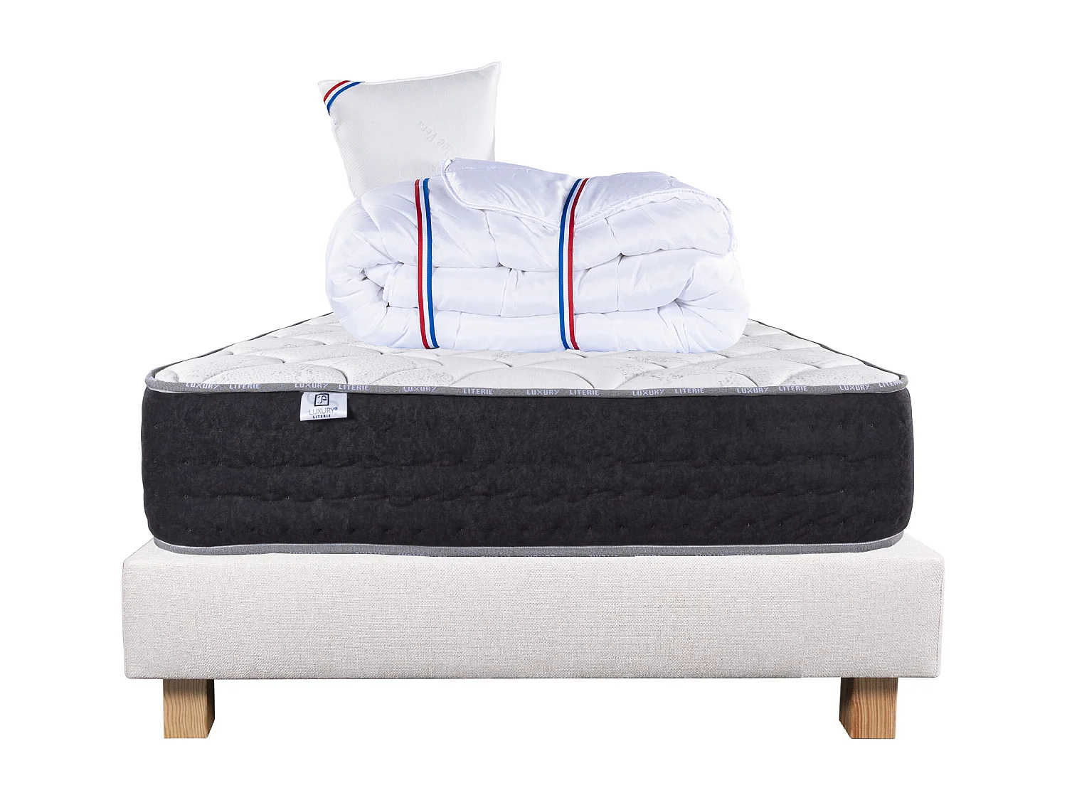 Ensemble Matelas 90x190 cm, Sérénité, 27 cm + sommier beige + oreiller + couette