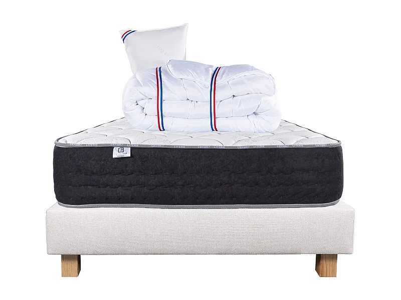 Ensemble Matelas 90x190 cm, Sérénité, 27 cm + sommier beige + oreiller + couette