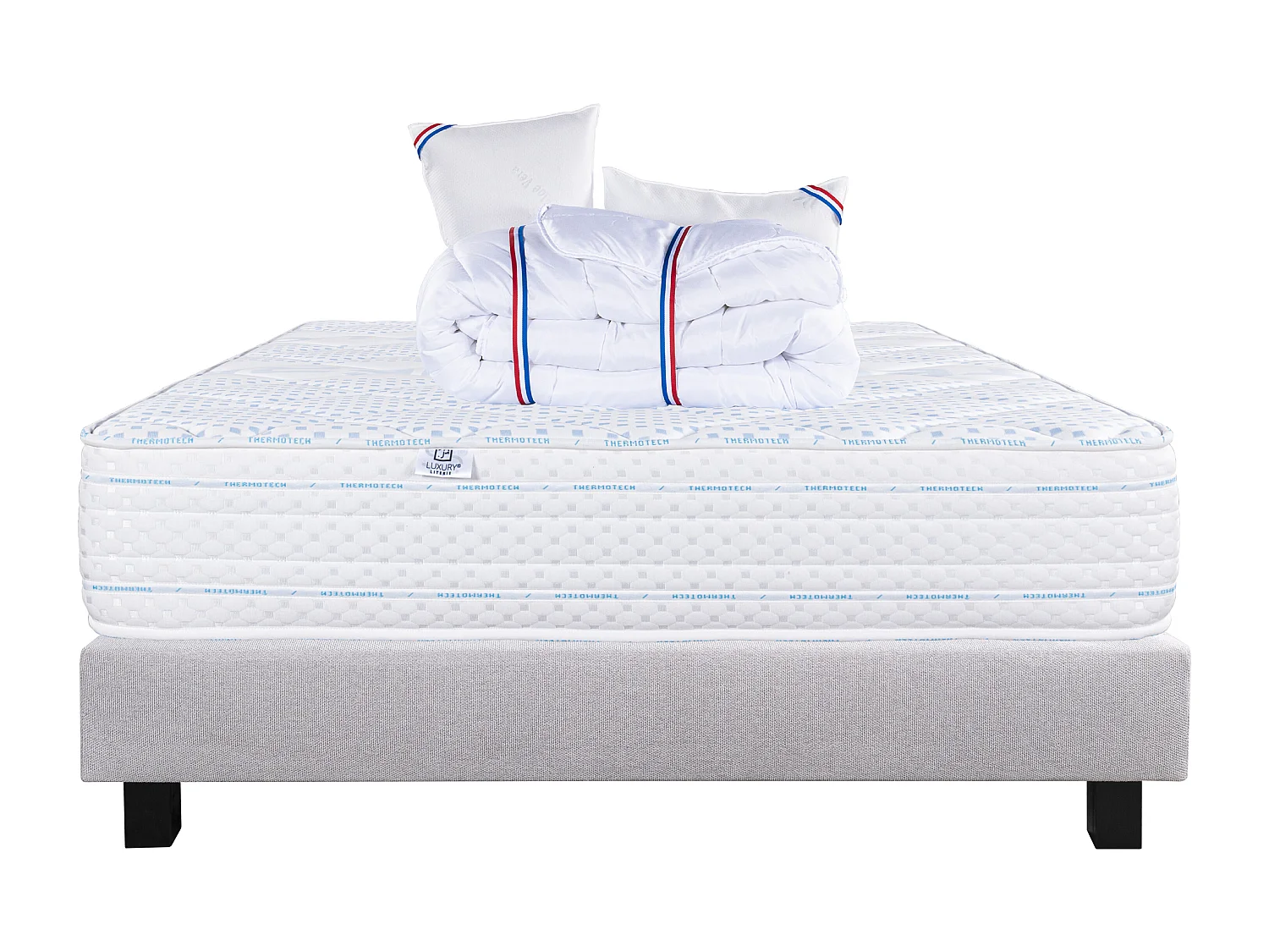 Ensemble Matelas 140x190 cm, Thermotec, 24 cm + sommier gris + 2 oreillers + couette