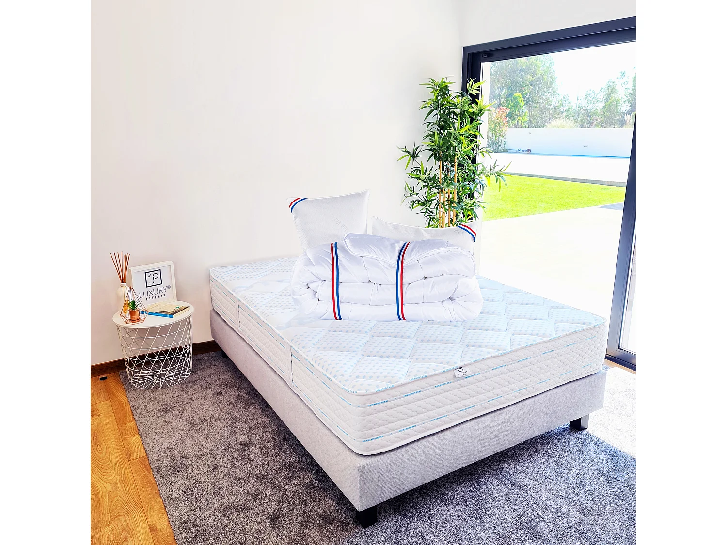 Ensemble Matelas 140x190 cm, Thermotec, 24 cm + sommier gris + 2 oreillers + couette