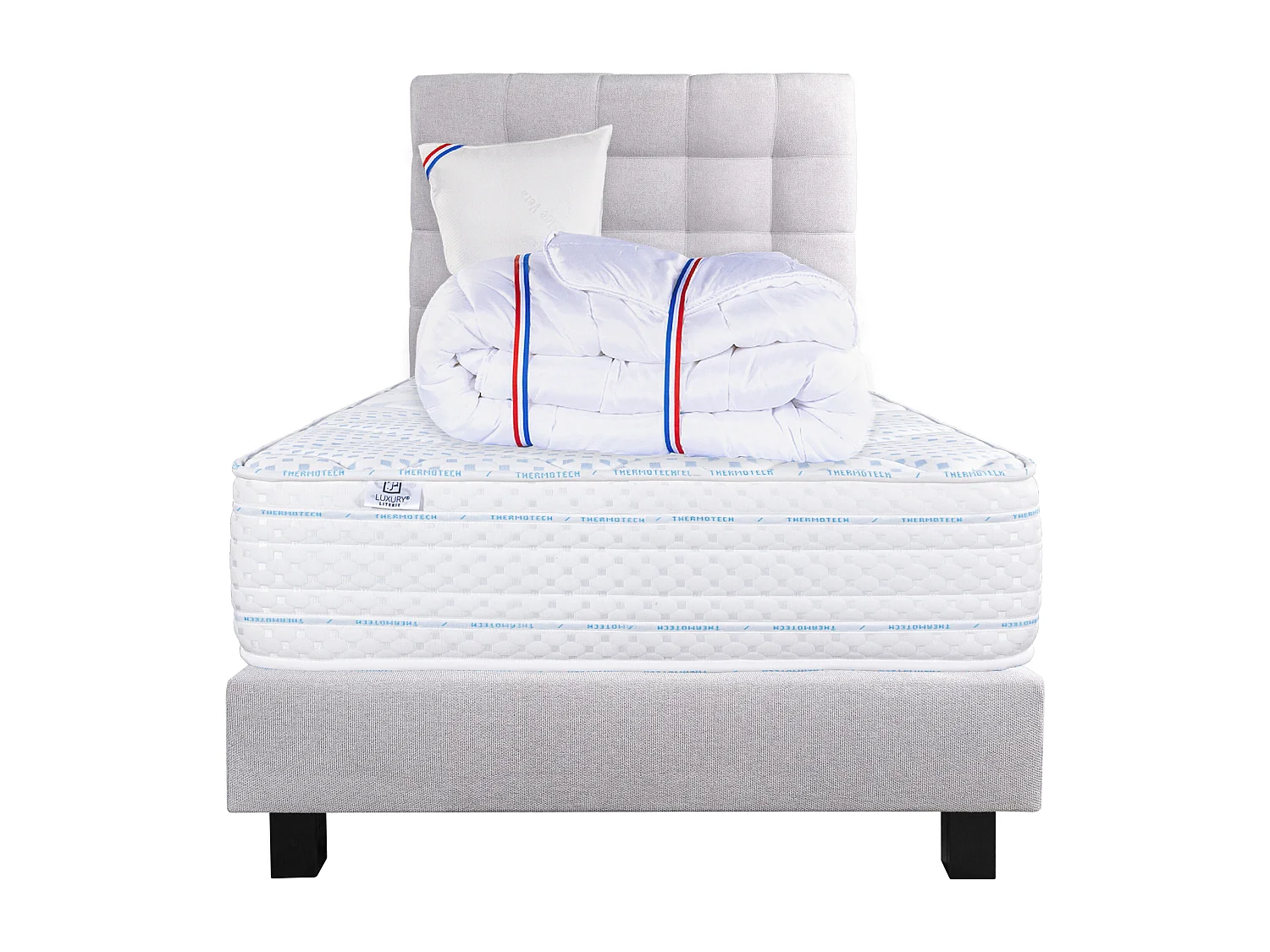 Ensemble Matelas 90x190 cm, Thermotec, 24 cm + sommier gris + oreiller + couette + TDL