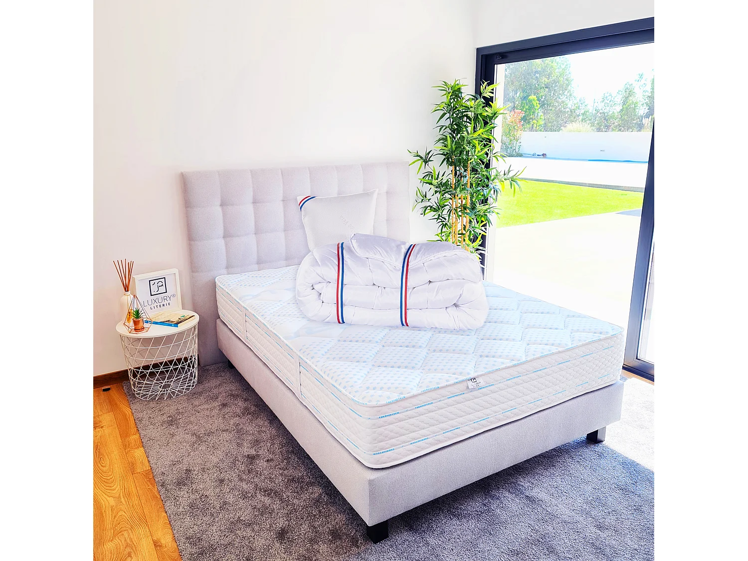 Ensemble Matelas 90x190 cm, Thermotec, 24 cm + sommier gris + oreiller + couette + TDL