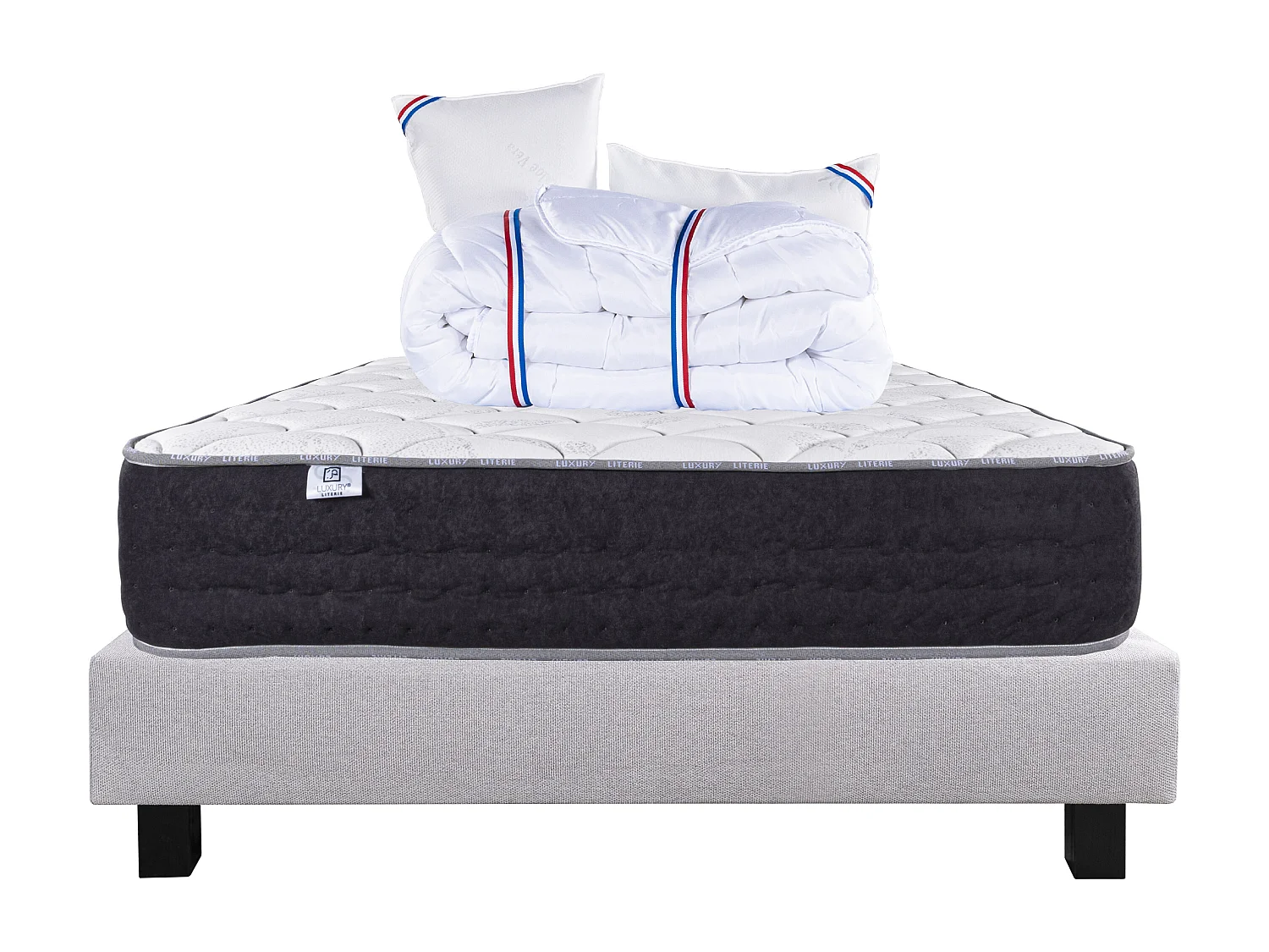 Ensemble Matelas 140x200 cm, Sérénité, 27 cm + sommier gris + 2 oreillers + couette