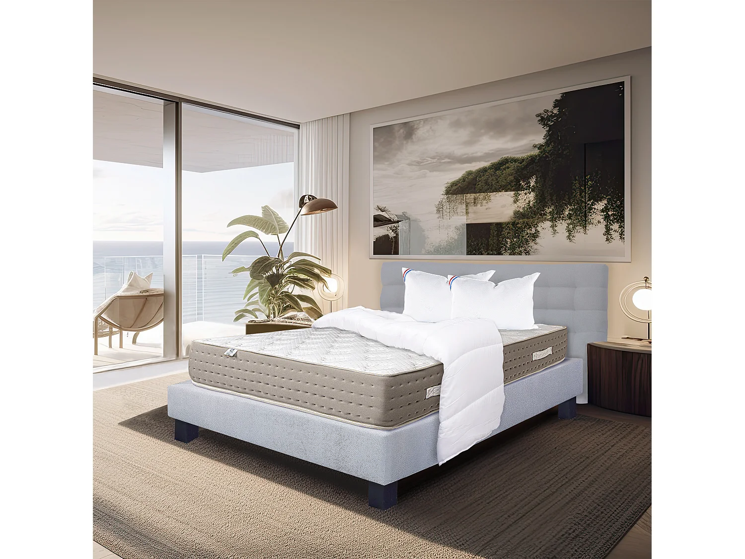 Ensemble Matelas 140x200 cm, Dreamlux, 26 cm + sommier gris + 2 oreillers + couette + TDL