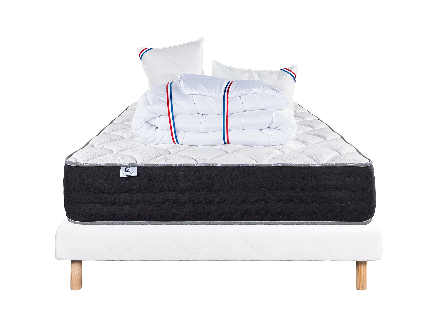 Ensemble Matelas 160x200 cm, Sérénité, 27 cm + sommier blanc + 2 oreillers + couette