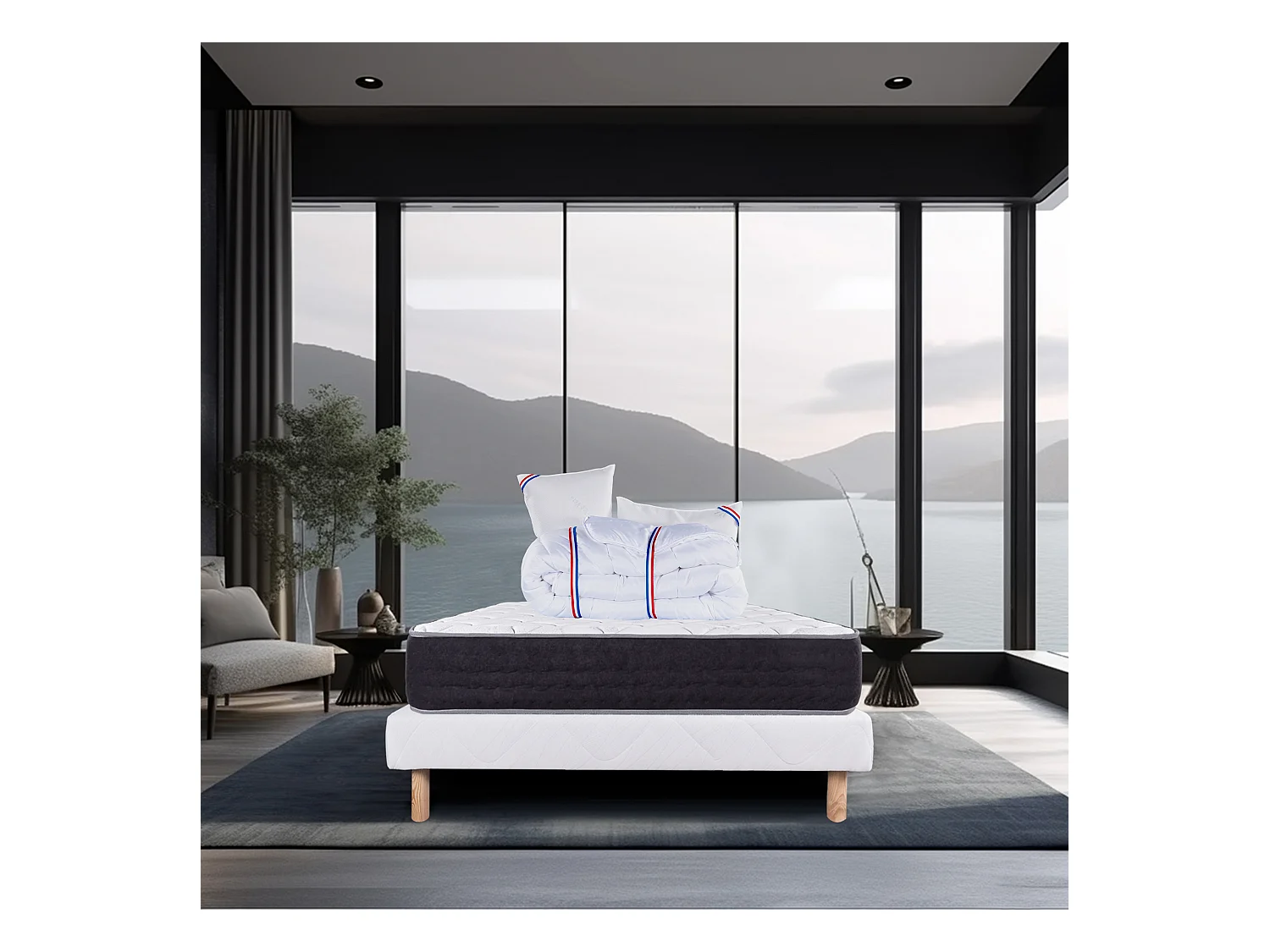 Ensemble Matelas 160x200 cm, Sérénité, 27 cm + sommier blanc + 2 oreillers + couette