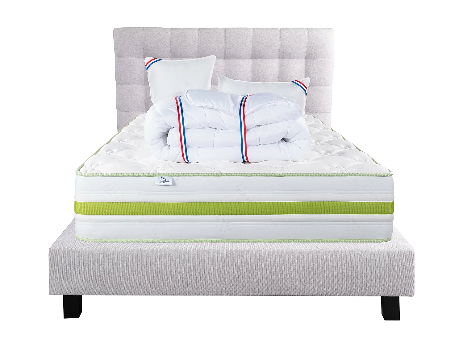 Ensemble Matelas 140x190 cm, Rêverie, 30 cm + sommier gris + 2 oreillers + couette + TDL