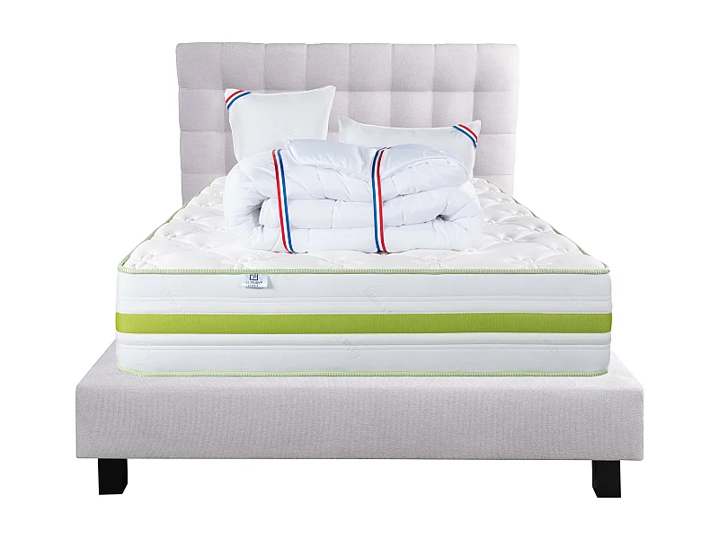 Ensemble Matelas 140x190 cm, Rêverie, 30 cm + sommier gris + 2 oreillers + couette + TDL