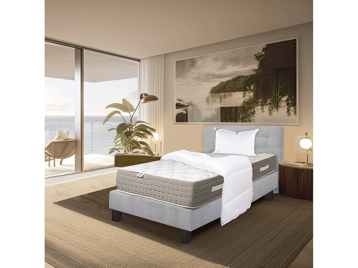 Ensemble Matelas 90x190 cm, Dreamlux, 26 cm + sommier gris + oreiller + couette + TDL