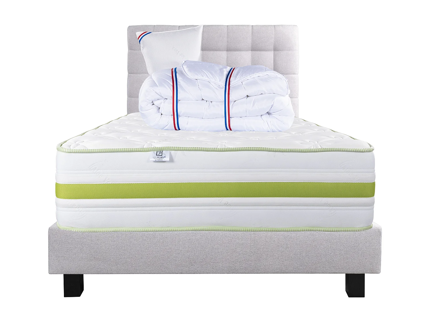 Ensemble Matelas 90x190 cm, Rêverie, 30 cm + sommier gris + oreiller + couette + TDL