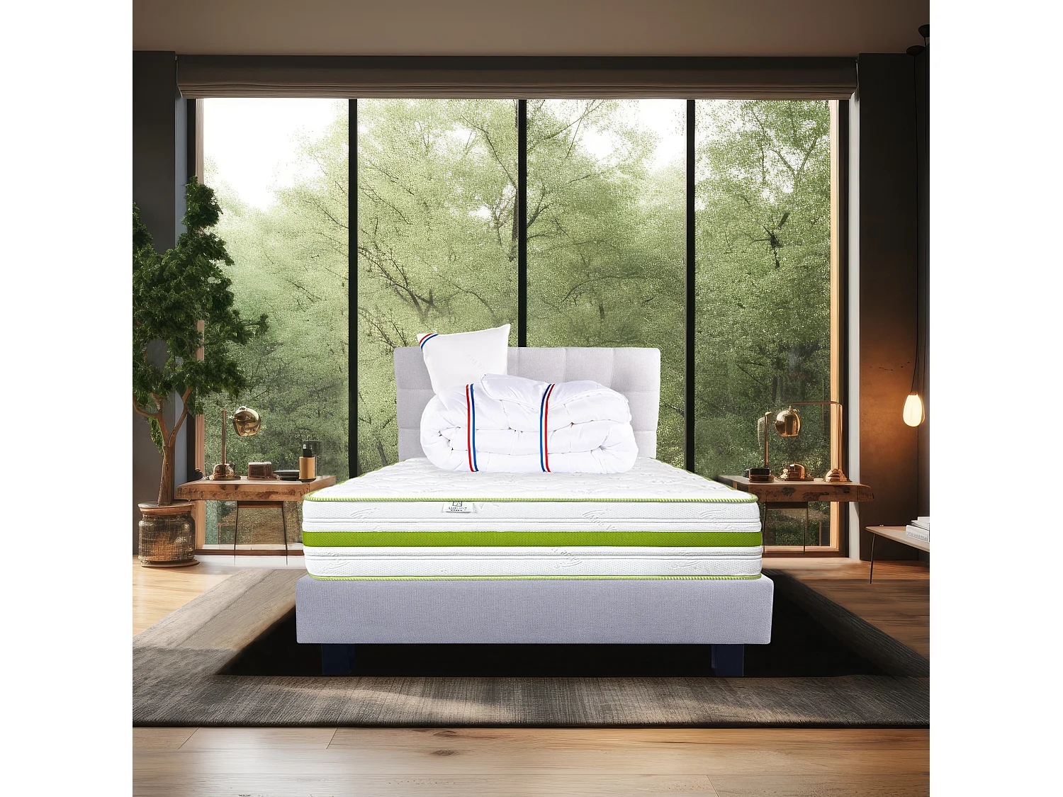 Ensemble Matelas 90x190 cm, Rêverie, 30 cm + sommier gris + oreiller + couette + TDL