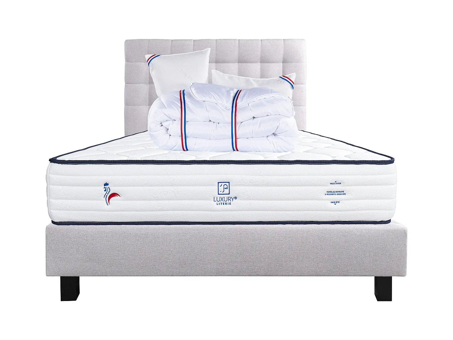 Ensemble Matelas 140x190 cm, Patriote, 27 cm + sommier gris + 2 oreillers + couette + TDL